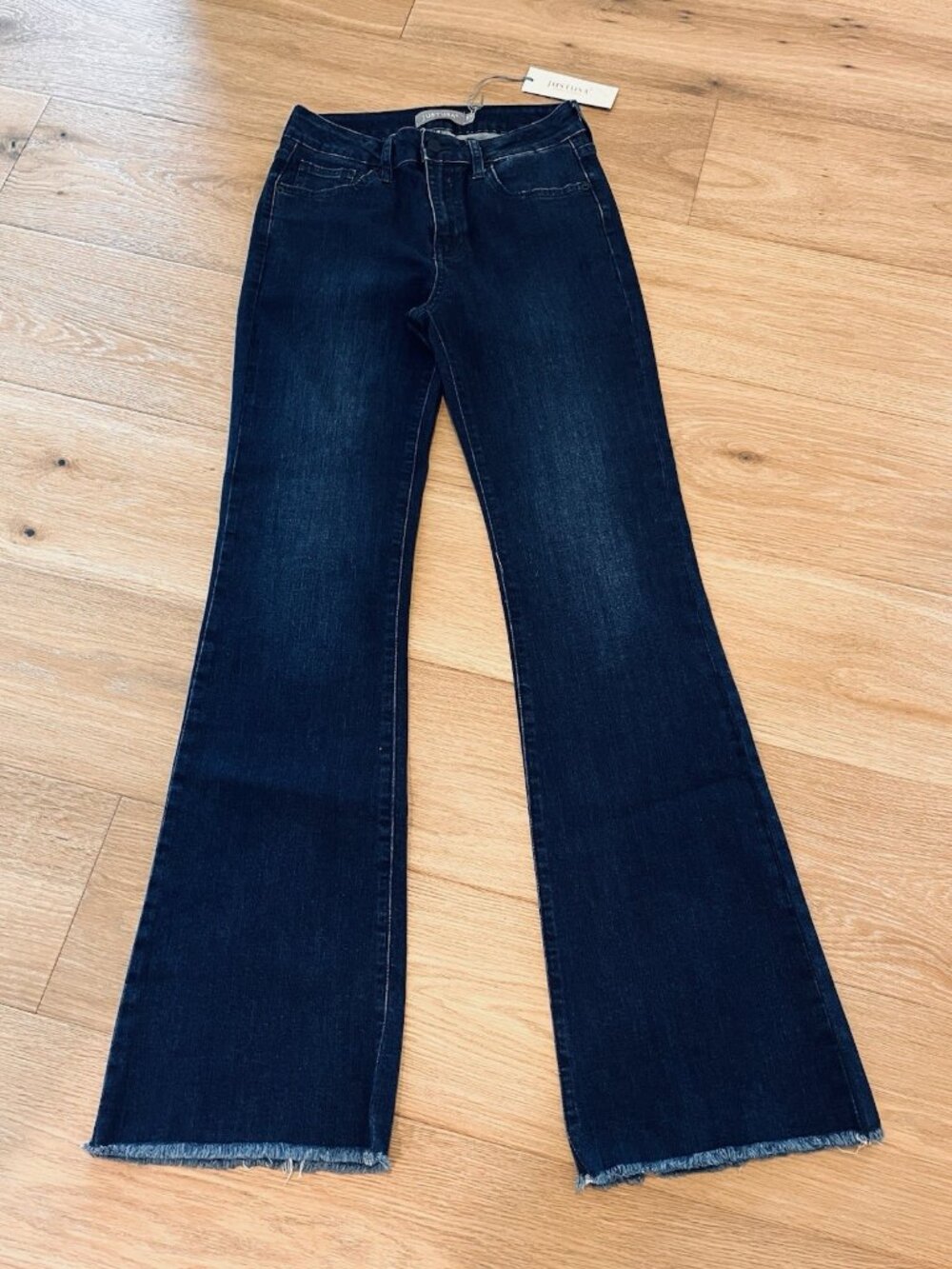 JUST USA Flare Jeans Size 27 Dark Wash Stretch High Rise Raw Hem New